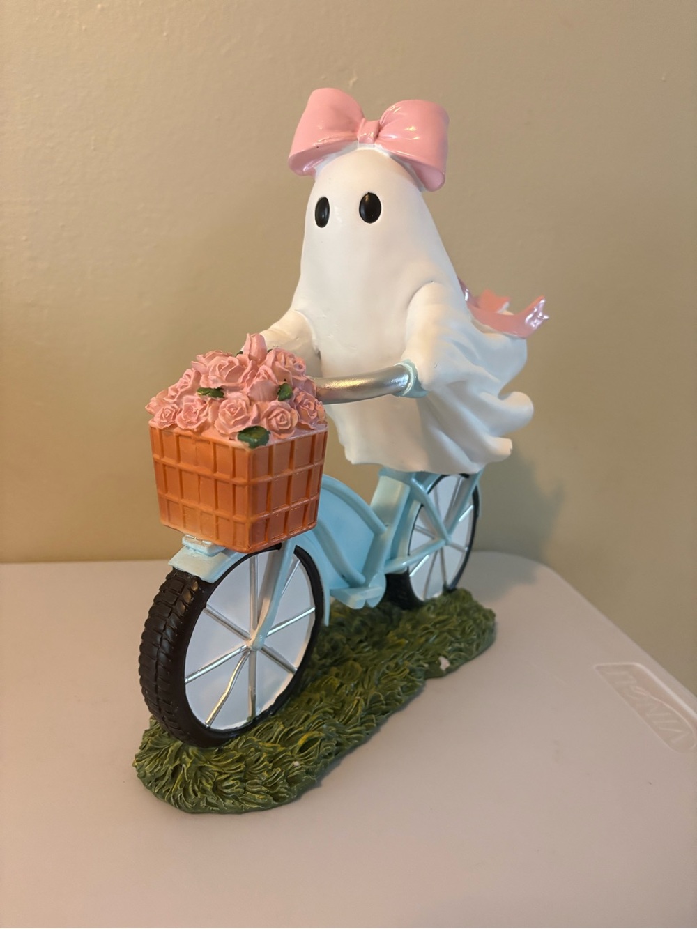 Whimsical Pink & White Ghost on Bike Decorative Figurine Halloween decor